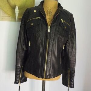 Boston Proper Black Leather Jacket with Gold Accents